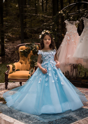 Beaded Blue Tulle 3D Flowers Keyhole Back Flower Girl Dress